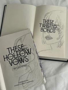 there are two books on the bed with white sheets and one has black lettering that says these twisted bonds