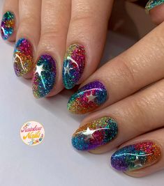 Nail Art With Silver, Starry Nails, Nail Polish Style, Rainbow Nail Art, Rainbow Nail, Nails Trend, Star Nail Art, Glitter Rainbow, Vintage Nails