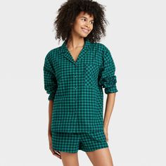 This Long-Sleeve Top and Shorts Pajama Set from Auden™ is perfect for winding down and getting some rest. The sleep set includes a long-sleeve shirt with a notched collar, chest patch pocket and full-length button-down front, and a pair of matching pajama shorts with elastic waistband. Made of 100% cotton, the flannel PJ set helps you enjoy a good night's sleep in absolute comfort. Auden™: Comfort true to every shape & hue. Notch Collar Shirt, Shorts Pajama Set, Matching Pajama, Matching Pjs, Flannel Pajama Sets, Womens Thermal, Target Clothes, Flannel Women, Thermal Long Sleeve