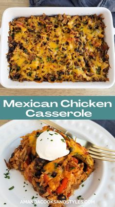 mexican chicken casserole with sour cream on top is shown in two separate dishes