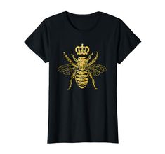 a black t - shirt with a gold bee wearing a crown