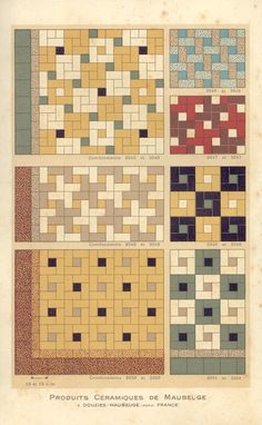 an old book with four different colored tiles on the front and back cover, all in squares