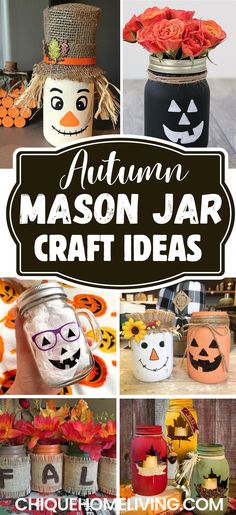 mason jar crafts for halloween with pumpkins and jack - o'- lantern faces