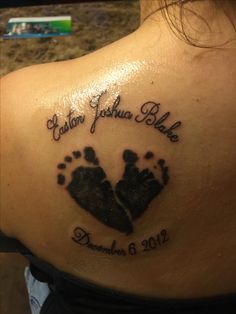 the back of a woman's shoulder with a tattoo on it that reads, houston joshua bible