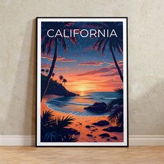 a poster with the word california on it in front of a beach and palm trees