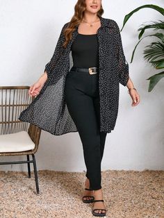 Plus Size Chiffon Printed Open-Front Long Shirt Fall Women Clothes Black and White Casual  Long Sleeve Woven Fabric Geometric,Polka Dot,All Over Print Shirt Non-Stretch  Women Plus Clothing, size features are:Bust: ,Length: ,Sleeve Length: Classy Plus Size Fashion, Plus Size Feminine Style, Plus Size French Style, Clothing For Plus Size Women, Elegant Office Wear, Mom Outfits Fall, Work Outfits Frauen, Plus Zise, Plus Size Spring