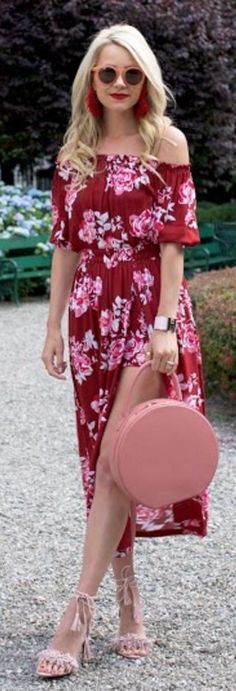 #summer #fashion #outfitideas Red Off The Shoulder Floral Dress + Touch Of Pink Cuba Outfit Ideas, Cuba Outfit, Off The Shoulder Top Black, White Silk Dress, Clothes Skirts, Red Outfits, Perfect Summer Outfit, Red Accessories, Lady Style