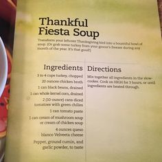 a recipe book is open to show the ingredients for a turkey soup in a bowl