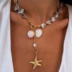 Pearl Seashell, Chunky Pearl Necklace, Sea Necklace, Pretty Jewelry Necklaces, Chunky Pearls, Bow Bracelet, Starfish Pendant, Starfish Necklace, Shell Jewelry