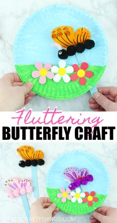 paper plate butterfly craft for kids to make with flowers and butterflies on the top, and bottom