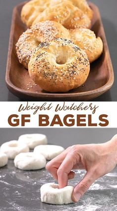 bagels are being made with gf bagels on a tray and then topped with poppy seed sprinkles