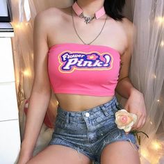 Flower Pink Strapless Vest Tube Top Aesthetic Croptop, E Girl Fashion, Pink Tube Top, Look Festival, Pink Letter, Outfits Y2k, Pink Crop Top, Crop Top Outfits, E Girl