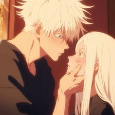 two anime characters, one with blonde hair and the other with blue eyes looking at each other