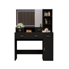 a black vanity with drawers and a mirror on the top shelf next to it is also a vase with flowers