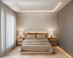 a large bed sitting in the middle of a bedroom next to two nightstands with lamps on each side