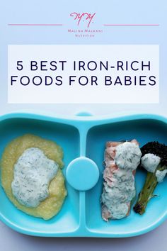 the 5 best iron - rich foods for babies are on display in this blue tray