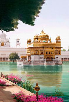 the golden building is surrounded by water and pink flowers in blooming around it,