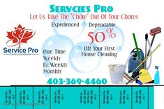 the flyer for cleaning services is shown in blue