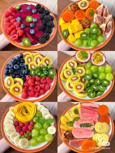 four plates filled with different types of fruits and veggies in each plate,