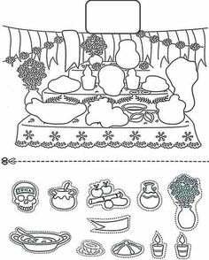 an image of a table with food on it and other items to be colored in