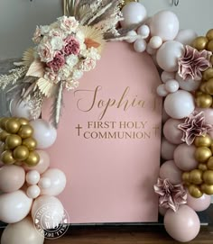 "First Holy Communion Wall Decal for Balloon Arch | Personalized First Communion Decal with Cross | First Communion Baptism Party Decorations It seems like the fabric covers for arches are quite popular right now, but unfortunately decals are not made to stick to fabrics. While some of the designs with thicker fonts might possibly stick initially, it will soon peel off. For best results, we recommend smooth, non-porous surfaces, such as; acrylic arches, a wall, wood, plexiglass, mirror, glass fr Arch Backdrop Balloons, Communion Table Decorations, Decoration Communion, Baptism Decorations Girl, Communion Centerpieces, Baptism Party Decorations, Plexiglass Frames, Communion Table, Confirmation Party