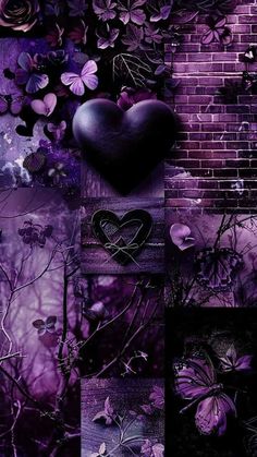 purple and black collage with heart, flowers, leaves and brick wall in the background