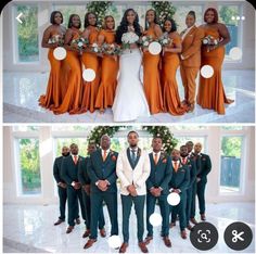 this is an image of a group of people in orange dresses and tuxedos