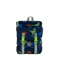 a blue backpack with green straps and dinosaurs on the front, it's zippers open