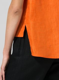 Jacquard Linen Mandarin Collar Vest Summer Fitted V-neck Blouse, Fitted V-neck Summer Top, Elegant Sleeveless Blouse For Beach, Chic Orange Tank Top For Summer, Elegant Orange Summer Tops, Elegant Orange Summer Top, Orange Linen Top For Summer, Elegant Tank Tops For Vacation, Orange Sleeveless Blouse For Summer