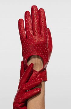 Dazzling crystals punctuate these brilliantly hued leather gloves, each finished with an elegant circular cutout. Leather Dry clean Made in the USA Leather Motorcycle Gloves, I See Red, Red Accessories, Latex Gloves, Motorcycle Gloves, Red Rhinestone