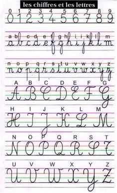 an exercise sheet with cursive writing in french and english, including the letters