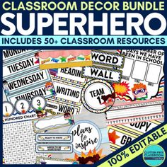 classroom decor bundle for superhero includes 5 classroom resources