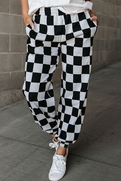 $6.9 Black Checkerboard Elastic Waist Pocketed Joggers Wholesale Joggers Black, Black Jack, Checkered Print, Jogging Bottoms, Checkerboard Pattern, Joggers Womens, Jack Black, Black Bottoms