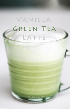 green tea latte recipe in a glass mug with ingredients to make it and how to mix it