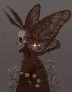 a drawing of a person with a skull and wings on their head in front of flowers