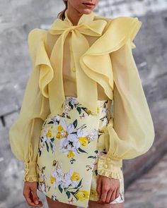 Fairycore Top, Bow Blouse, Yellow Blouse, Blouse Diy, Streetwear Y2k, Trend Fashion, 가을 패션, Outfits Casuales