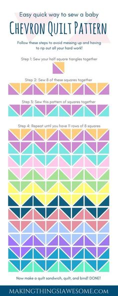 the chevron quilt pattern is shown in blue, yellow and pink colors with text overlay