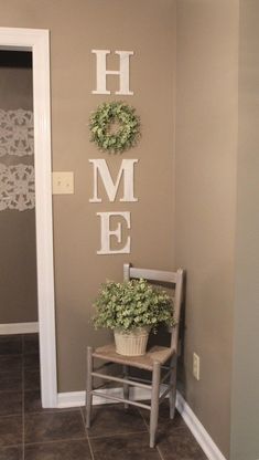 a chair sitting in front of a wall with the word home on it's side