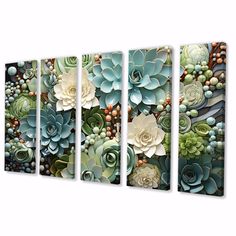 three canvases with succulents and other plants on them, all in different colors