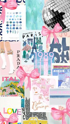 a collage with pink bows and pictures on it's side, including a disco ball