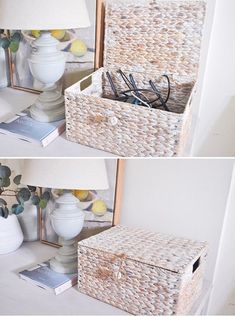 two pictures of a white basket with some glasses in it and a lamp next to it