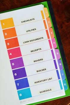 a binder with the words checklist and other items labeled in red, yellow, blue, green