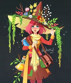 a woman wearing a witches hat and holding a book in her hand with flowers on it