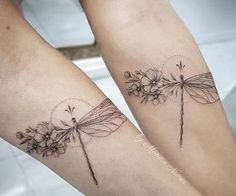 two tattoos on both legs with flowers and dragonflies