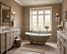 a bathroom with a claw foot bathtub and double sinks, along with two mirrors