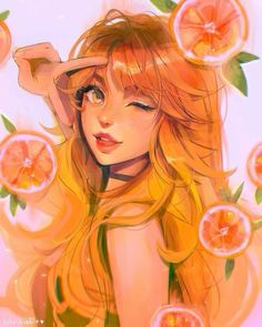 a painting of a girl with oranges around her and some watermelon slices