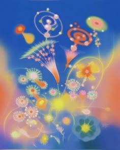 an abstract painting with flowers and circles