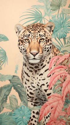 a painting of a leopard surrounded by tropical plants