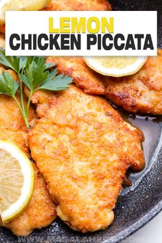 lemon chicken piccata on a plate with garnish