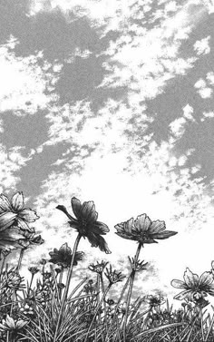 black and white drawing of flowers in the grass